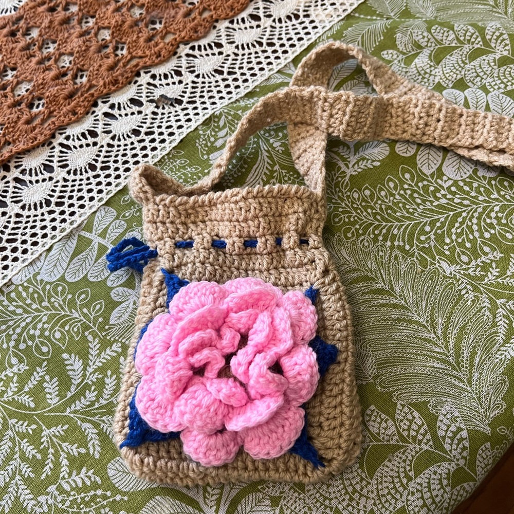 SOLD **Handcrafted Tan and Pink Crochet Bag